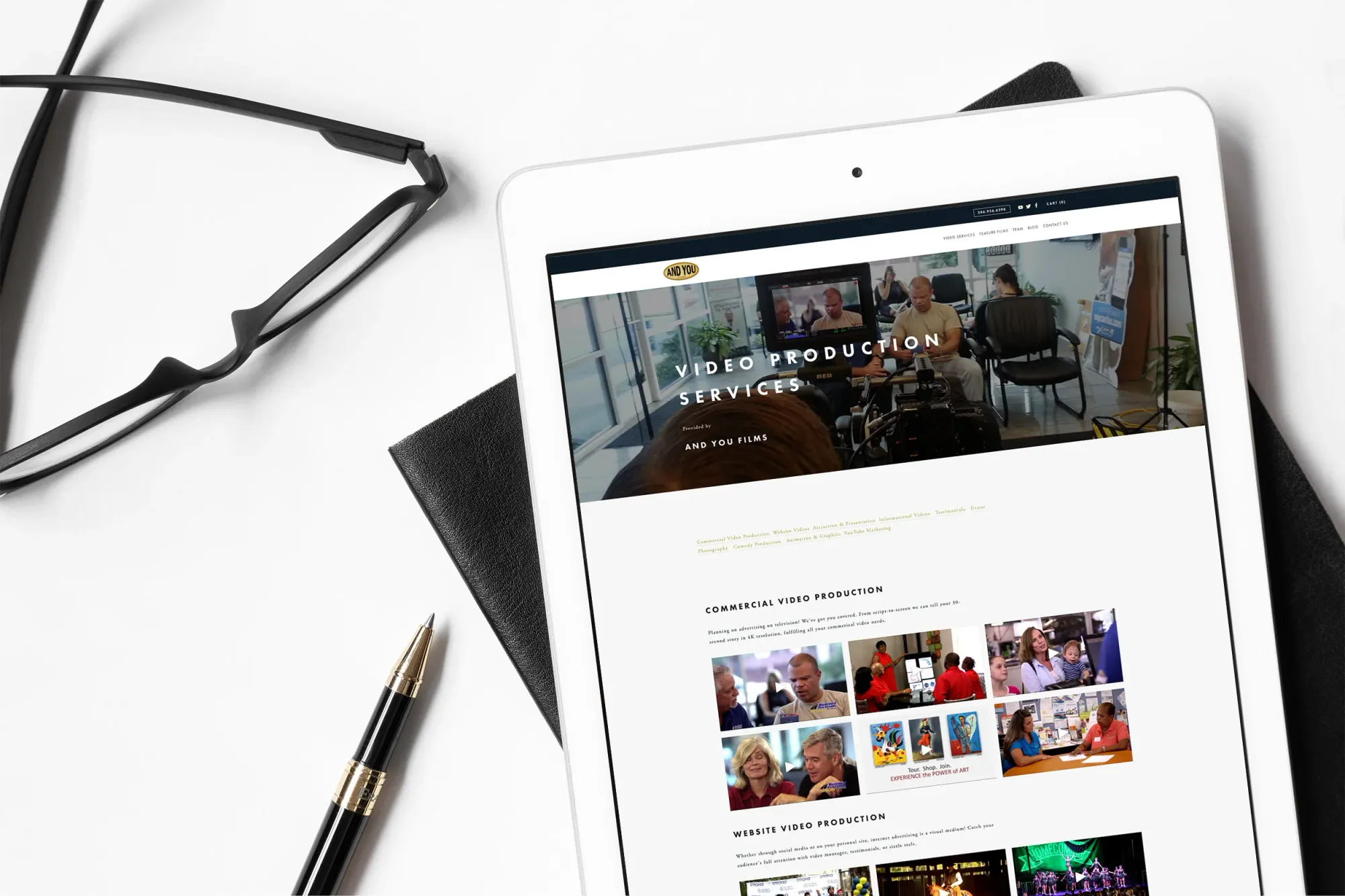 Services page for And You Films displayed on an iPad.